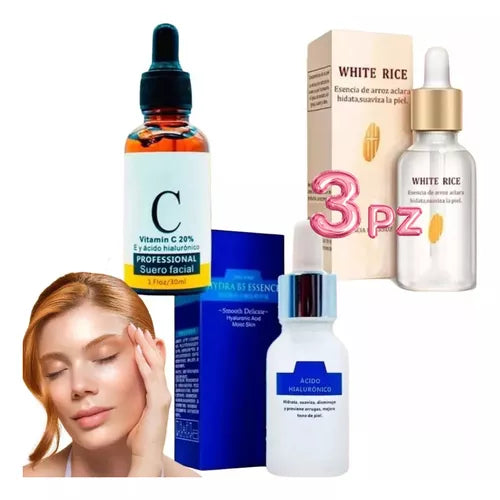 ✨ Paquete Completo: Hidratación, Antiedad & Piel Radiante – Ácido Hialurónico, Sérum de Arroz & Vitamina C 💖